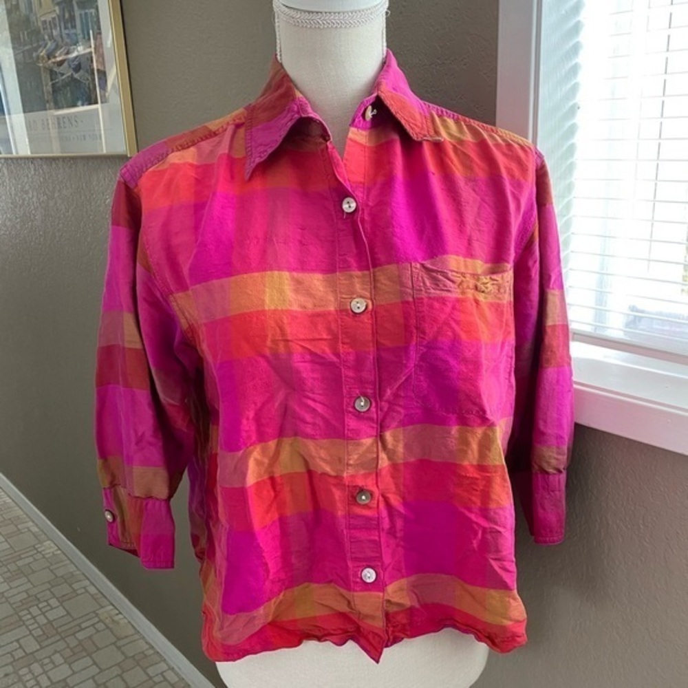 Chicos raw silk vibrant striped camp shirt, Sz. M